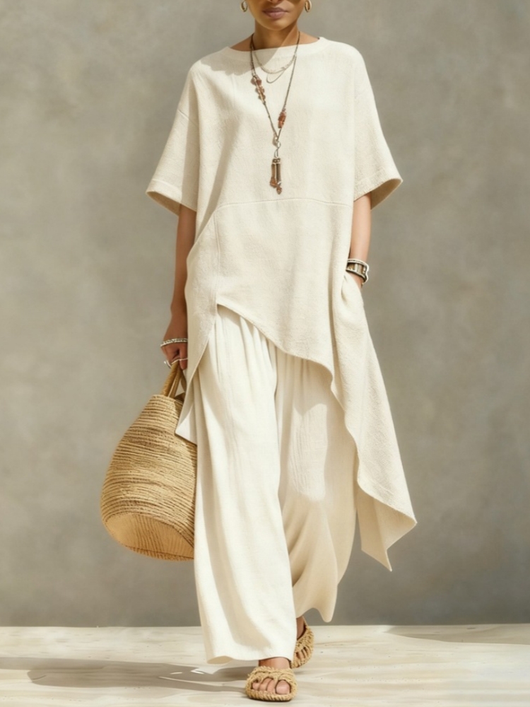 Linen Pant Wide - Dames katoenen linnen broekpakken 2-delig casual