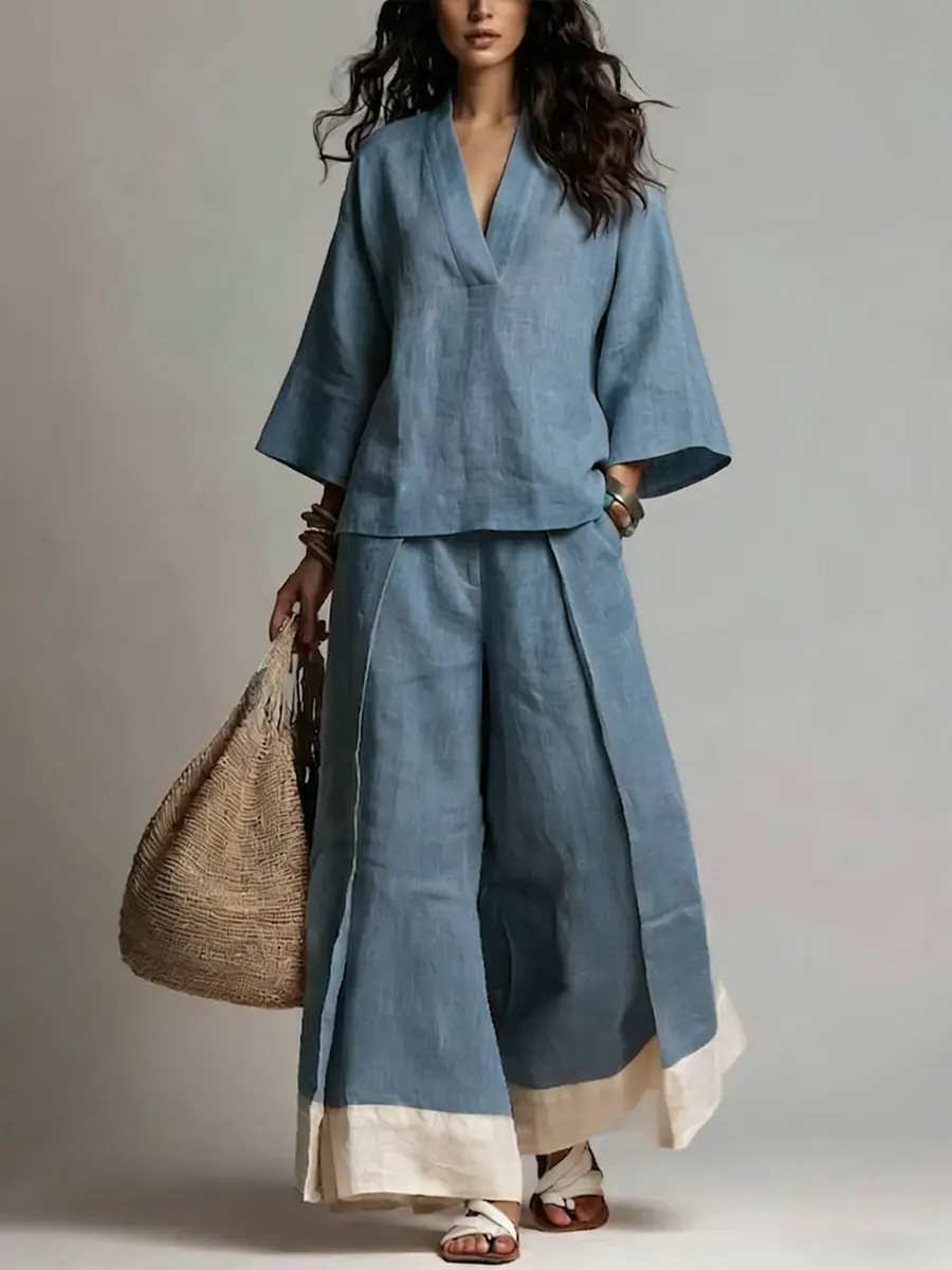 Linen Pant Wide - Zomer Dames V-hals Katoen Linnen Set