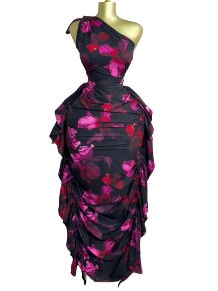 Midi Skirt Floral - Dames bloemenprint één schouder mouwloos gestapeld
