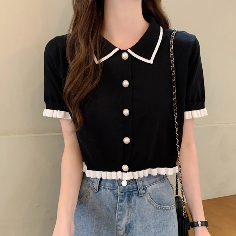 Crop Top Crochet - Damesoverhemd Gebreid met korte mouwen, schattig