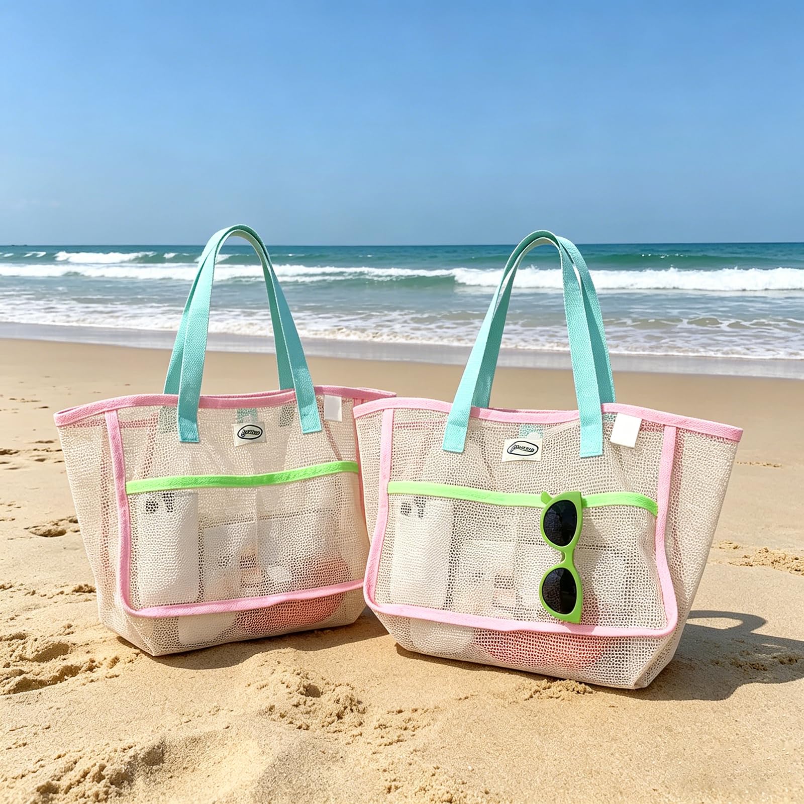 Tote Bag Beach - Strandtassen voor dames Kleurrijke opvouwbare netzandtas