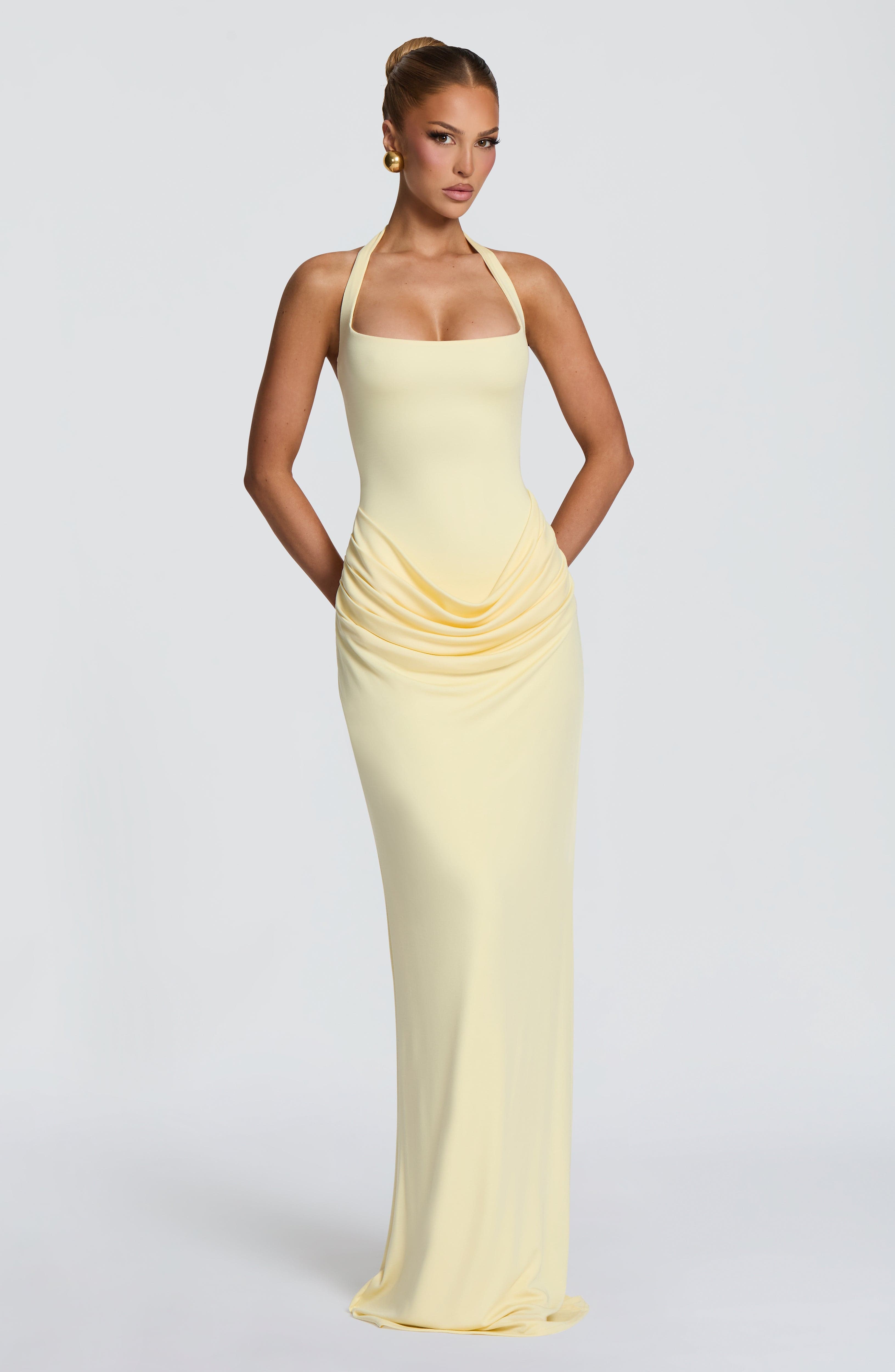 Maxi Dress Halter - Halterjurk met vierkante hals, gedrapeerde taille,