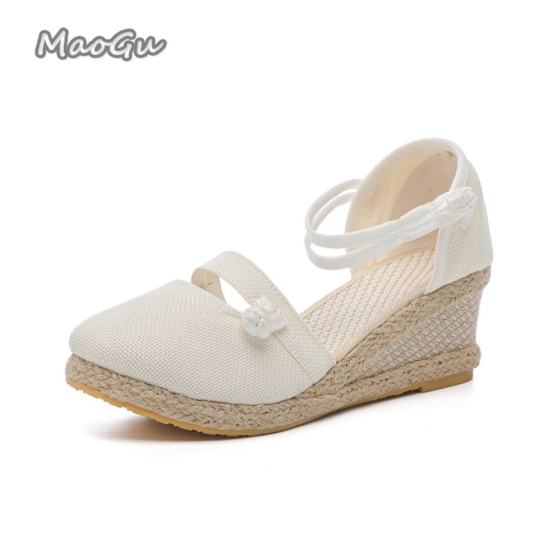 Wedge Espadrille Women - Dameslinnen espadrille-sandalen met ronde neus, enkelbandje,