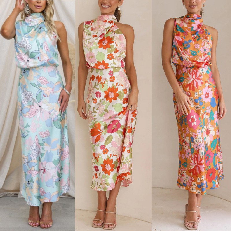 Maxi Dress Halter - Dames satijnen lange jurken met print