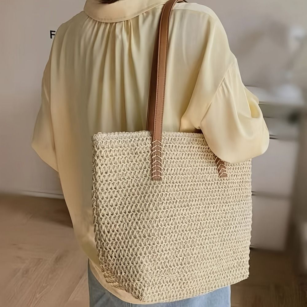 Leuke effen kleur geweven stro - Tote Bag Beach recensie en prijs